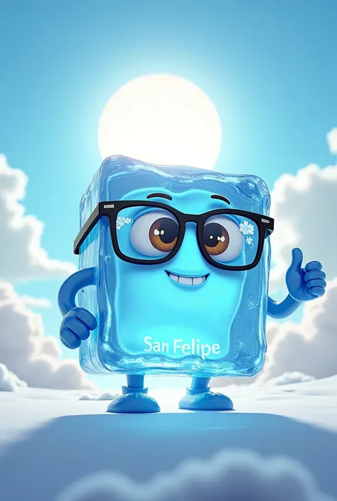 Animated ice cube with hands and feet, wearing glasses with the brand name “San Felipe”, that has a background with clouds and sun (curious)
That helps promote the purchase 