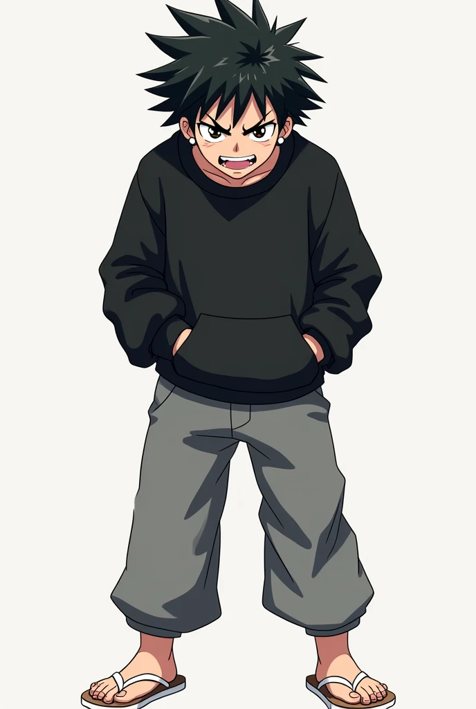 create straight male anime character, 
angry and excited facial expression, 
pale white skin color, 
black hair color, 
white earring, 
black sweatshirt with pockets,
gray wide pants,
white flip flops