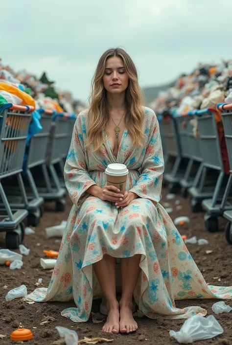 Concept: A woman dressed in a robe made entirely of plastic bags, sitting on a toilet in the middle of a landfill. She’s surrounded by empty shopping carts, each filled with more plastic waste. In her hands, she holds a disposable coffee cup, her face sere...