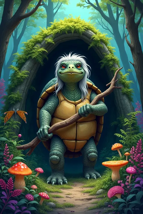 An old turtle standing under a rock in the middle of a forest, this turtle has white hair, thick white eyebrows and lots of wrinkles on the skin, she is holding onto a large twig for support, I want vibrant and very eye-catching colors, comic book style. 