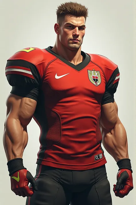 Male character with short brown hair, tall and with a slightly larger head than normal wearing a football team jersey