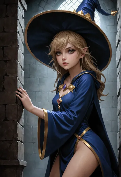 a dark fantasy magician girl, 1girl fucked. she fucked near the wall in dog pose, wearing a large magician's hat, open dark robe...