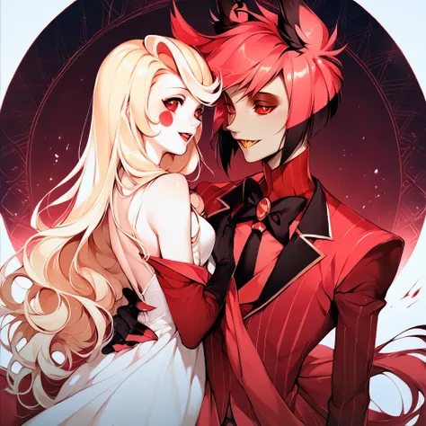 1alastor,red hair,red eyes, red coat,
1charlie morningstar,blonde long hair red suit
couple,
hazbin hotel,
ultrarealistic,