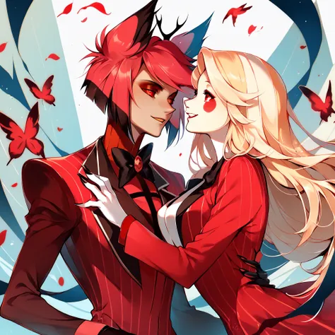 1alastor,red hair,red eyes, red coat,
1charlie morningstar,blonde long hair red suit
couple,
hazbin hotel,
ultrarealistic,