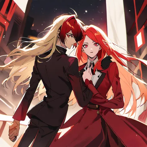 1alastor,red hair,red eyes, red coat,
1charlie morningstar,blonde long hair red suit
couple,
hazbin hotel,