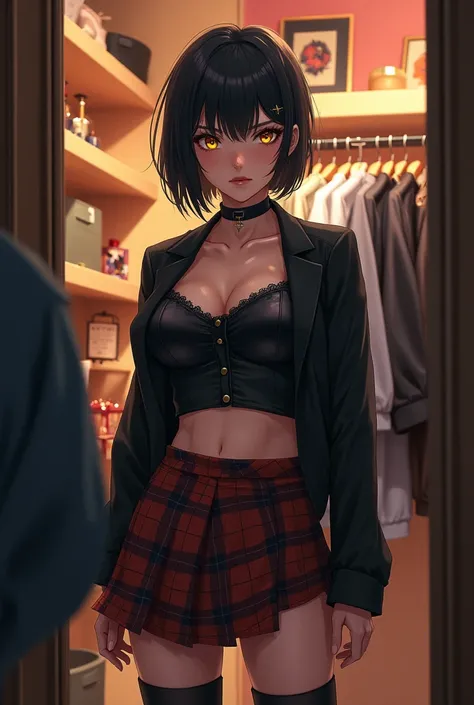 masterpiece, Best quality, 1 girl, food, One, skirt, shop, in room, jacket, shopping, Jewelry, shirt, shelf, short hair, Black hair, plaid skirt, black jacket, yellow eyes, Looking at the viewer, standing, (we are panties, is, crack in the ass, bottomless:...