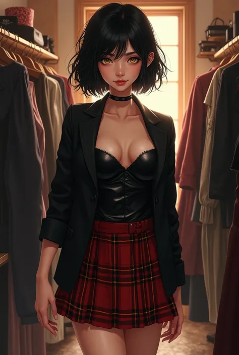 masterpiece, Best quality, 1 girl, food, One, skirt, shop, in room, jacket, shopping, Jewelry, shirt, shelf, short hair, Black hair, plaid skirt, black jacket, yellow eyes, Looking at the viewer, standing, (we are panties, is, crack in the ass, bottomless:...