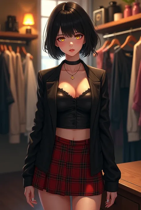 masterpiece, Best quality, 1 girl, food, One, skirt, shop, in room, jacket, shopping, Jewelry, shirt, shelf, short hair, Black hair, plaid skirt, black jacket, yellow eyes, Looking at the viewer, standing, (we are panties, is, crack in the ass, bottomless:...