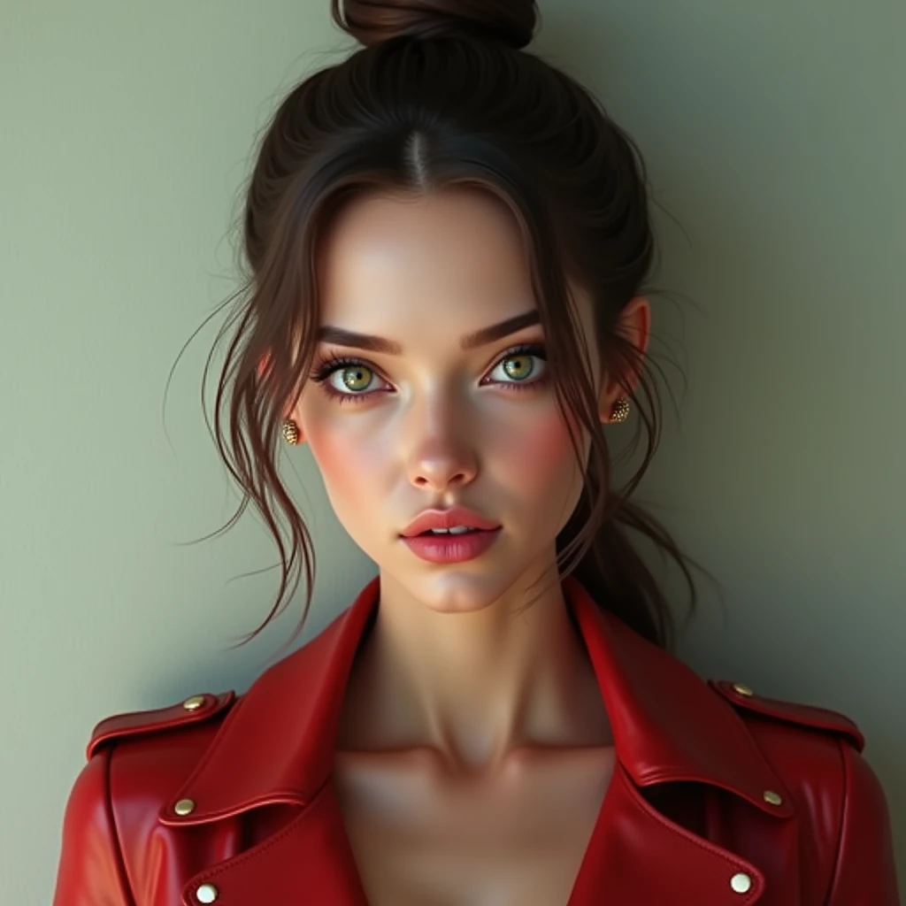 A hyper-realistic three-quarter view in 8K of a beautiful green-eyed woman with long hair,, which are tied to a dut, deep porcelain skin. Looking straight ahead, She wears a red leather jacket. Soft lighting. Few details,