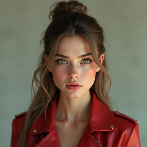 A hyper-realistic three-quarter view in 8K of a beautiful green-eyed woman with long hair,, which are tied to a dut, deep porcelain skin. Looking straight ahead, She wears a red leather jacket. Soft lighting. Few details,