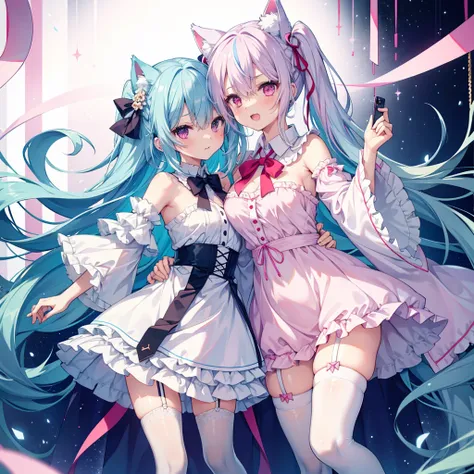 nsfw,Nipples,Two Girls,Selfie,take,hug,Nipplesを見せる,Light blue hair,Light pink hairstyles，Cat ear，Pink Eyes，light blue，White socks，Pink ribbon,Panties,Laughing with your mouth open,blue bow,Thighhighs,blue bowtie,blue ribbon,bow,bowtie,brooch,button,removed...