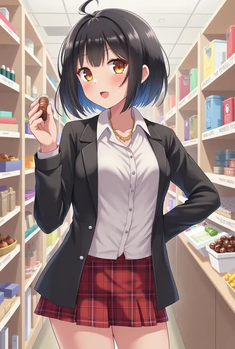 masterpiece, Best quality, 1 girl, food, One, skirt, shop, in room, jacket, shopping, Jewelry, shirt, shelf, short hair, Black hair, plaid skirt, black jacket, yellow eyes, Looking at the viewer, standing, (we are panties, is, crack in the ass, bottomless:...