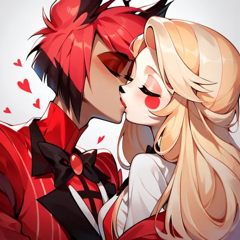 1alastor,red hair,red eyes, red coat,
1charlie morningstar,blonde long hair, white shirt,yellow sclera,red pupils,
Couple,(kiss),closed eyes,
Hazbin hotel,
