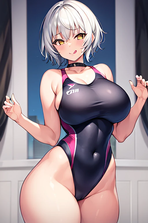 1girl, large breasts, wide hips, thick thighs, one-piece swimsuit, competition swimsuit, smug, smile, tongue out, tongue, smirk, yellow eyes, very short hair, pixie cut, white hair, grey hair, silver hair, tomboy,