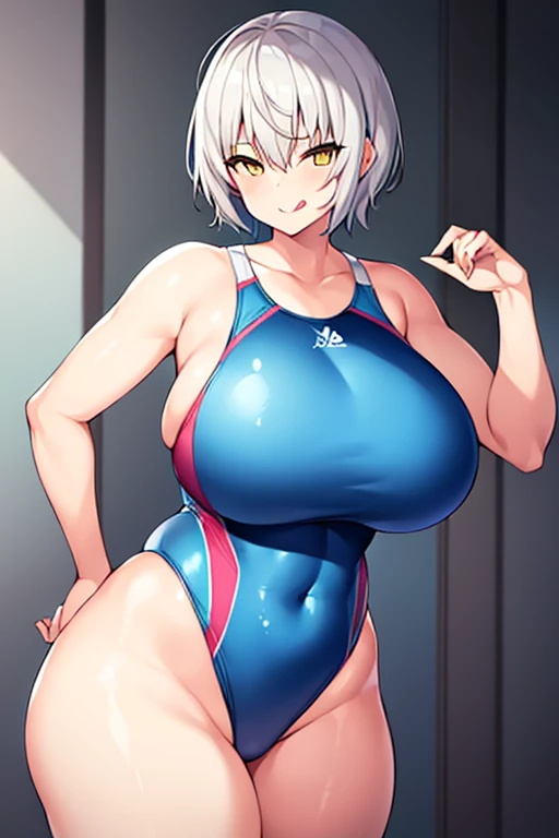 1girl, large breasts, wide hips, thick thighs, one-piece swimsuit, competition swimsuit, smug, smile, tongue out, tongue, smirk, yellow eyes, very short hair, pixie cut, white hair, grey hair, silver hair, tomboy,