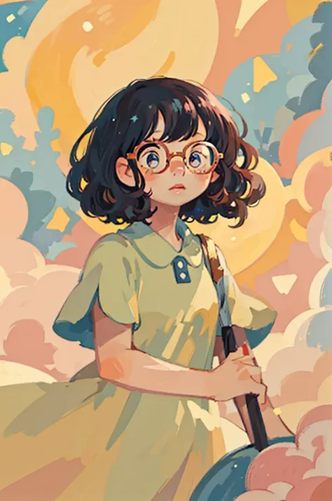 (best quality, 4k, 8k, high resolution, masterpiece:1.2), ((masterpiece)), (((best quality))), (({soft aura})) ((masterpiece)), (((best quality))), (((Starry background)))

Short wavy black hair, cute wavy bangs, pink round glasses, brown eyes, long eyelas...