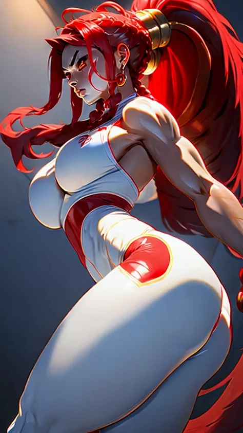 , Dragon woman, Cao Cao, white skin color, 2, Red hair, Ponytail with braids, Large curvy Breasts, short tight , gym clothes_1 legging azul  , Good Red , eyes golden masterpiece 