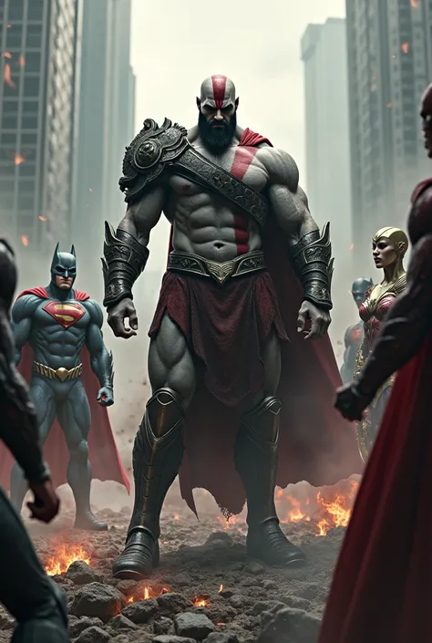 Kratos fighting the Justice League 