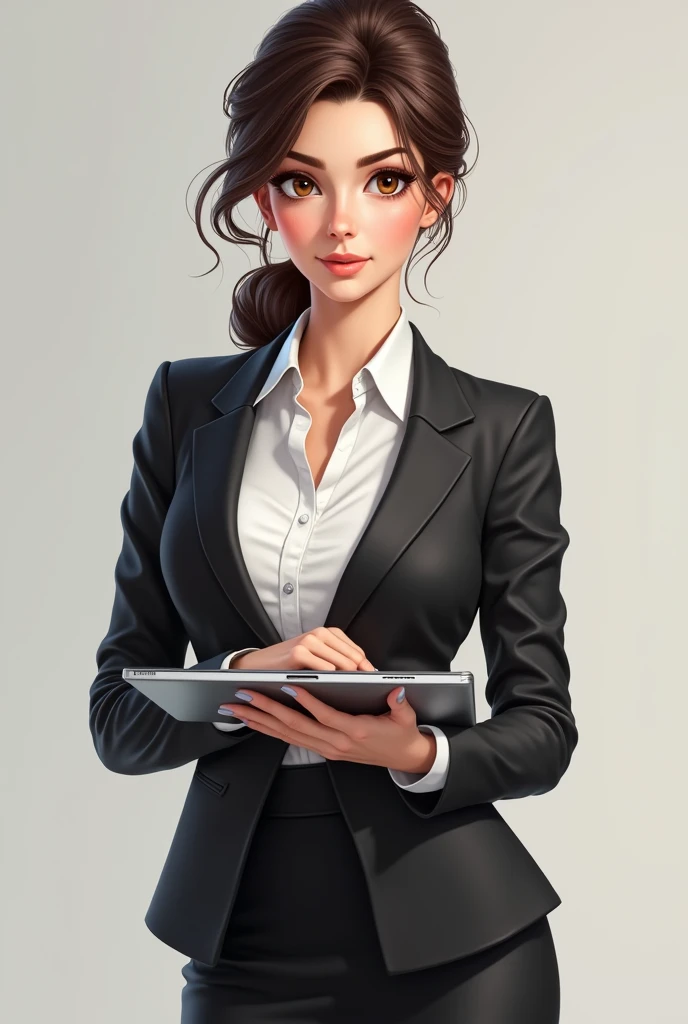 Brunette woman with her hair up, brown eyes, white blouse with two loose buttons, with a black blazer and black skirt, black heels, holding a computer 