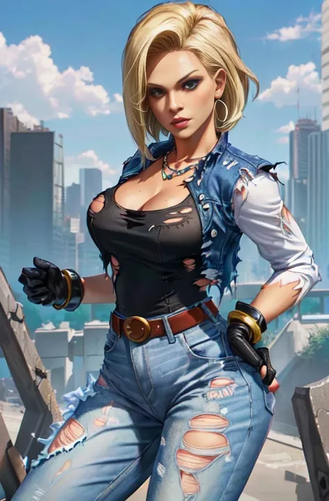 best qualityer, high definition, e18, 1 girl, android 18, standing alone, hair blonde, blue colored eyes, waist belt, jeans, pea...