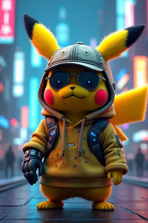 A programmed pikachu, with glasses, cap and sweatshirt