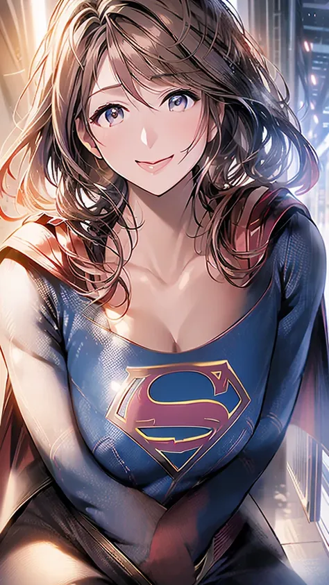 (Close-up of a woman)、((Depiction of only the upper body))、10 generations of women、Pink Lip Gloss、smile、blush、(Open the lipstick a little、High resolution、16K))、Medieval city、(((supergirlのコスプレ)))