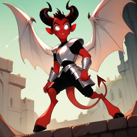 devil, white eyes, red skin, black horns, white wings, red tan and white armor, hoofs, disney style,