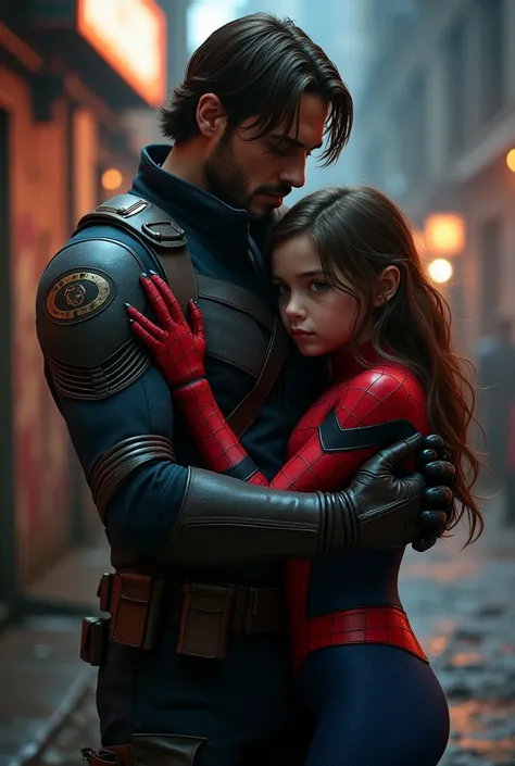 bucky barnes in winter soldier costume hugging 1 teenage girl with brown hair and brown green eyes in Spiderman costume