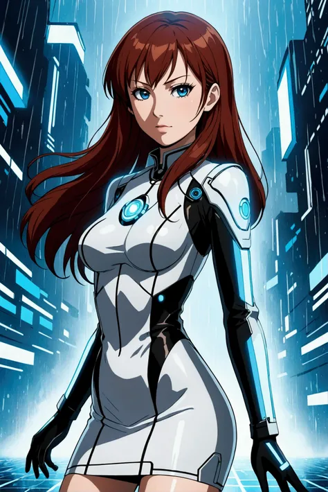 makise kurisu from steins gate anime in Tron movie style,rainy background ,tight dress