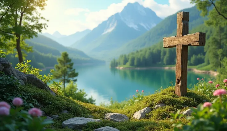 make image of plant geography romania mainly capital area, in the summer, with an idea of faith, add a wooden cross to all images, high environments with a beautiful lake.
