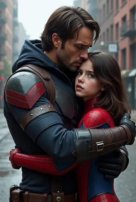 bucky barnes in winter soldier costume hugging 1 teenage girl with mascara shes Italian and Chinese with brown hair middle length hair and Wolf cut and brown green eyes in Spiderman costume