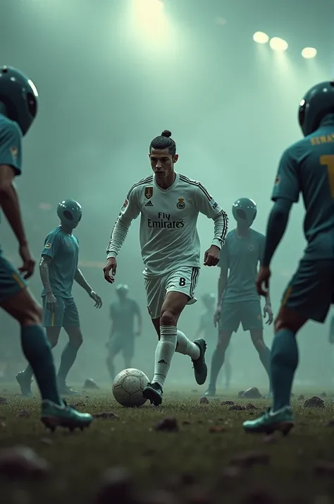 Cristiano Ronaldo wearing a Real Madrid shirt on a really horrifying planet playing on an otherworldly football pitch against some kind of aliens 