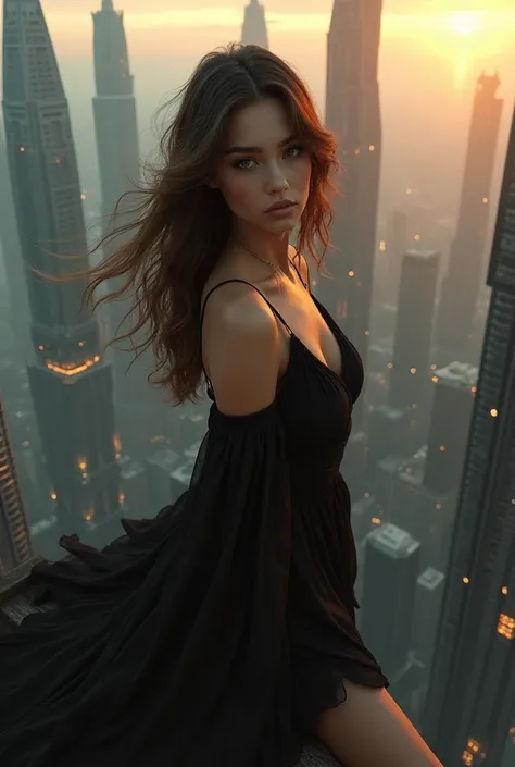 Huge sprawling city bladerunner 2049 style,fisheye effect,Hailee steinfeld with brown flowing hair,Extreme Closeup,,young Caucasian woman standing on rooftop below towering futuristic lattice buildings,Smokey eyes ,black flowing  dress blowing in wind,thig...