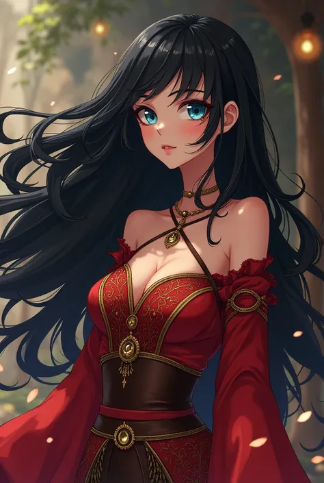 An anime androgynous gypsy man with long hair black, blue deep eyes and gypsy red and gold clothes and flirty expression