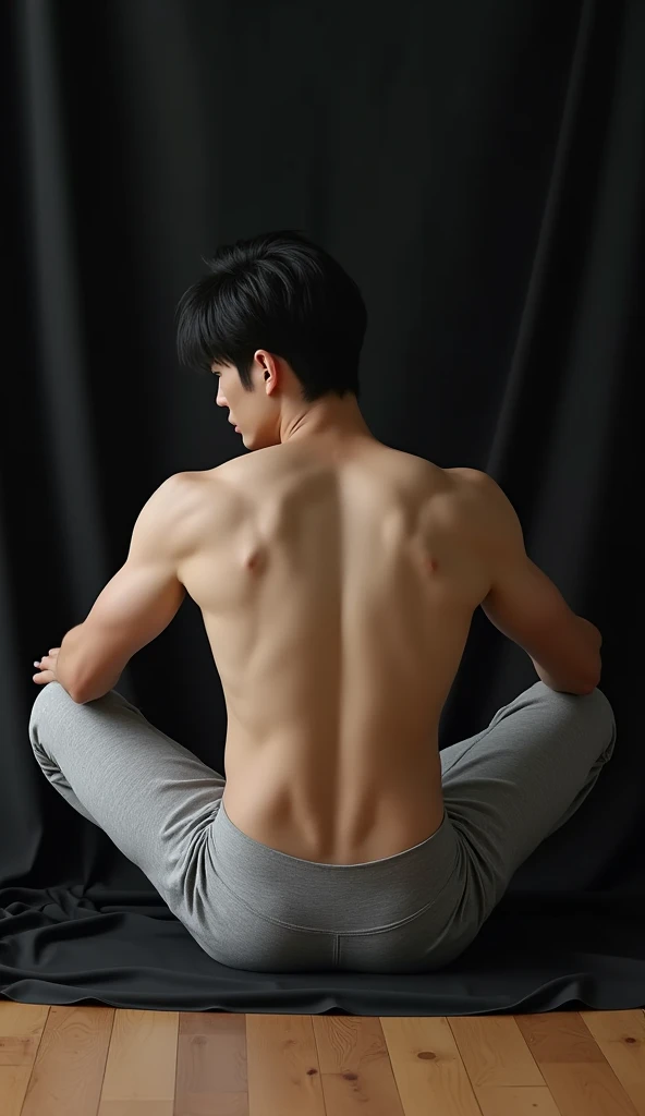 From upper camera angle. Hands are back from the body and body taking support from hands.back is 120 degree inclined from legs . Hyper realistic, Arafed 25 Korean  man, white skin, muscular body, sitting on wooden floor of living room with black cloth back...