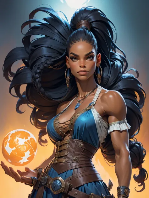 A woman with long hair and a blue top is standing a female black lady from the early 18th century based on Serena Williams, Dungeons and Dragons 5th edition style illustration, cinematic, fantasy painting, highly detailed, black outlining, full color illus...