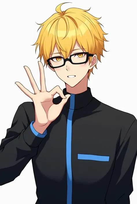 Generates a male anime character with blond hair, black glasses and a black shirt with a blue vertical line and hands making a 🫰🏻