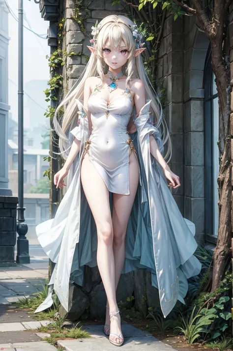 Anime elf girl. White hari, pink eyes, full hd, high quality, best quality, perfect body, wearing elf dress