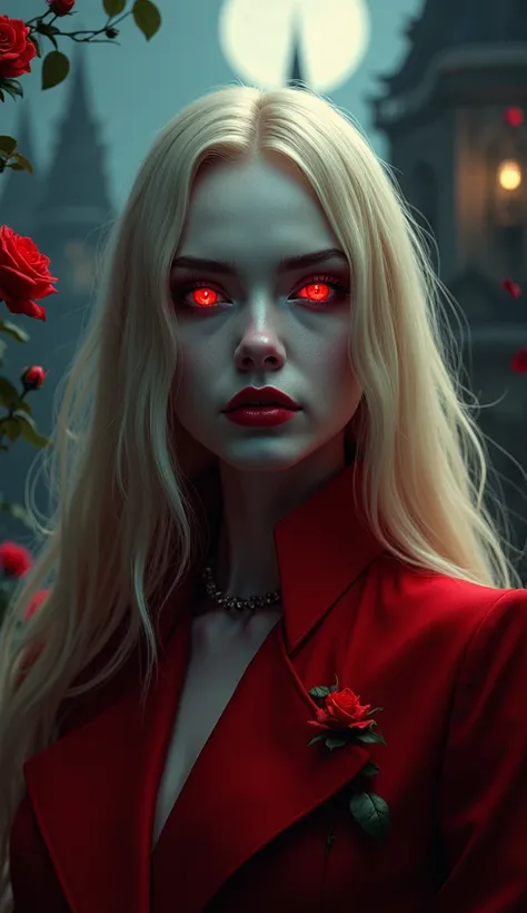 work of art, highest quallity, (focus only), (face perfect:1.1), (high détail:1.1), (hyper detailed eyes), Dramatic, 1 guy, (pale skin), long blonde hair, (red irises), Individual focus, vampyre, long hair, moonligh, natta, Red luxury suit, fleshy lips, ca...