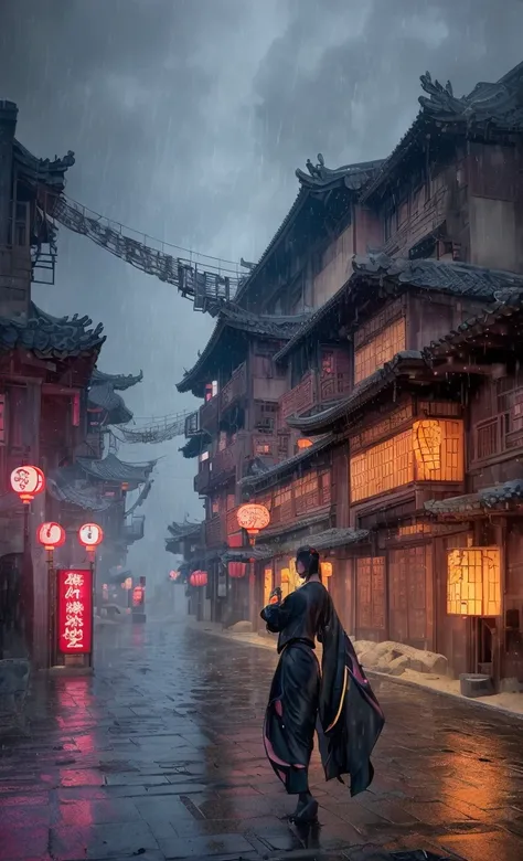 A dreamy ancient Chinese village at night, with beautifully lit buildings, heavy rain, rainy evening, cinematic, 8k, high detailed, photo-realistic, masterpiece, (best quality, 4k, 8k, highres, masterpiece:1.2), ultra-detailed, (realistic, photorealistic, ...