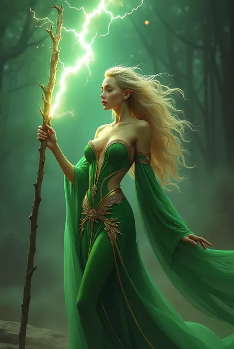 (masterpiece, photorealistic:1.4, extremely intricate:1.3), (photon mapping, radiosity, physically based rendering, ultra resolution, hyper-realistic, photorealistic:1.4, hyper-realistic, 8K), (((blonde buxom Sylph, large breasts))) Green gold sorceress, s...