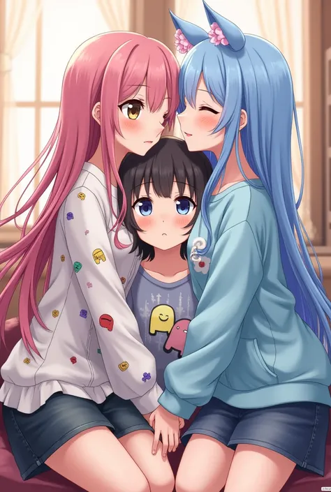 A threesome/ anime there with three girls, one has long pink hair, brown eyes and a among us blouse , the other one has short black hair, eyes black, wear glasses ,has a serious face and a yaoi couple&#39;s shirt ,and the other girl has long light blue hai...