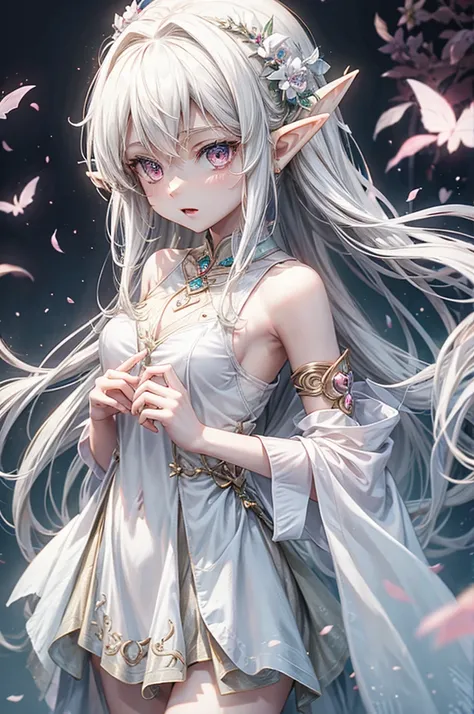 Anime elf girl. White hari, pink eyes, full hd, high quality, best quality, perfect body, wearing elf dress