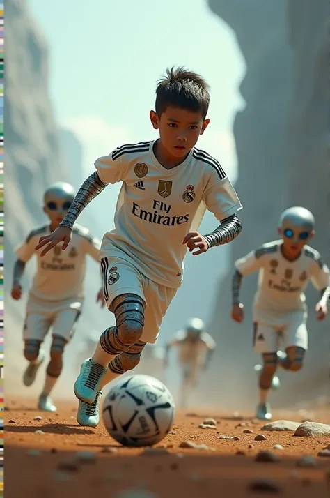 A boy with the best Real Madrid shirt who looks like an Android being chased by aliens while playing football 