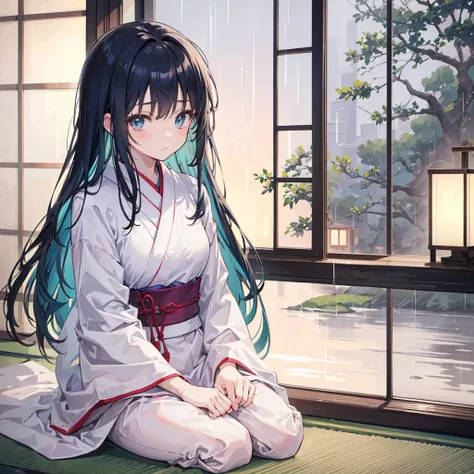 An anime-style portrait of a character sitting near a window in a cozy Japanese room. The window shows soft rain outside, while the character looks calm and relaxed. The colors are warm and inviting, with soft lighting that emphasizes the peaceful vibe. Th...