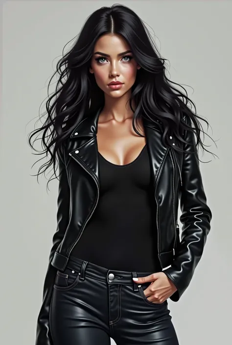 1 woman, silver eyes, long black wavy hair, She is dressed in a leather jacket and jeans, both in black tones., Your expression is serious and confident, Digital illustration of book characters with a solid, neutral gray background
