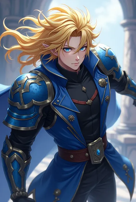 Generates a male anime character with blonde hair wearing a blue valkyrie and a black shirt with a blue vest and black gloves 