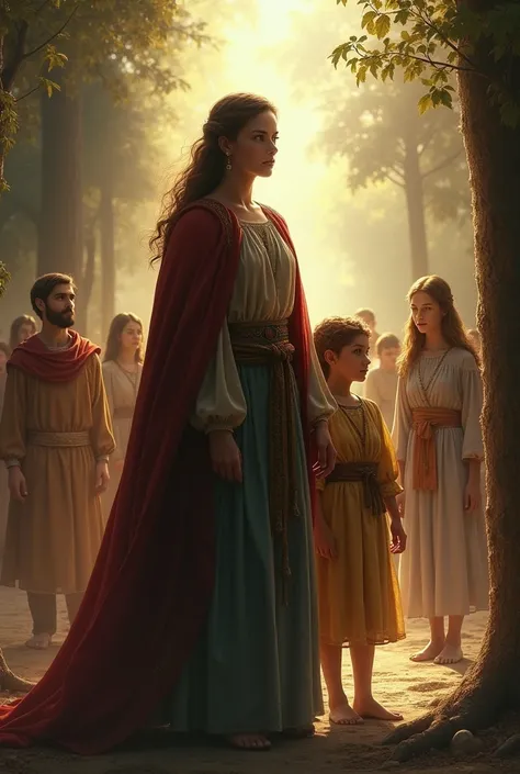 A vivid depiction of the wife of Caim revealing her true identity as more than just a silent figure in history. The scene captures her standing beside Caim, both of them surrounded by a symbolic light that highlights her crucial role in their journey. The ...