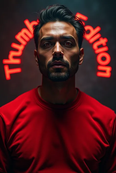 a man with red eyes, dark brown skin, dark brown hair, wearing a red sweatshirt, behind him a logo saying THUMBS EDITION, cinematic lighting, high fantasy, detailed facial features, dramatic pose, dramatic lighting, dark color scheme, atmospheric, moody, p...