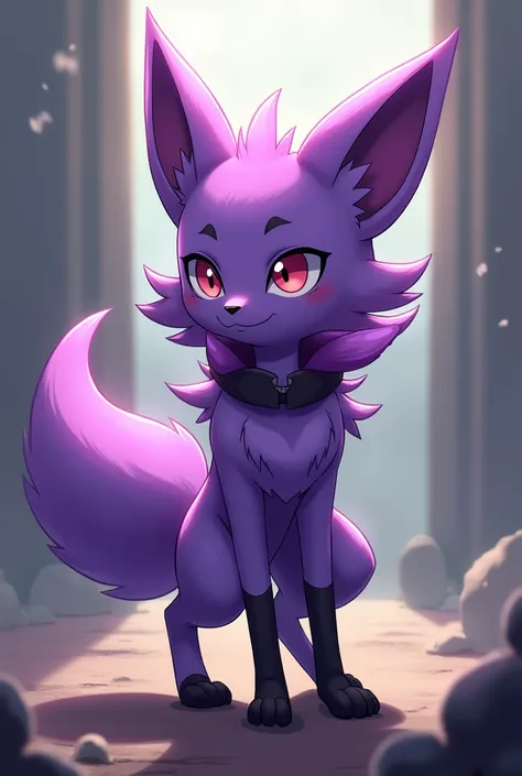 Purple fox Pokemon, fox thief, purple fox standing on two legs purple colla with black stripe, Pokemon fox anime
